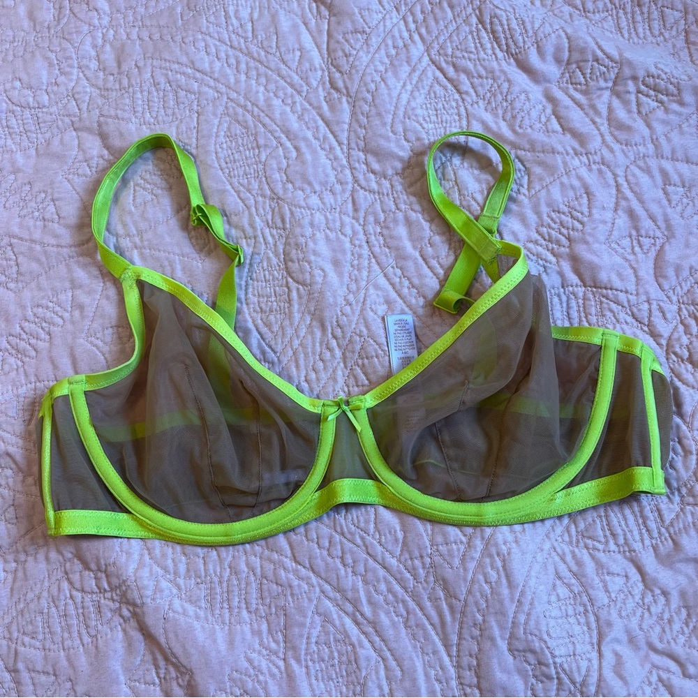 savage x fenty see thru mesh neon yellow accent underwire bra size 42D